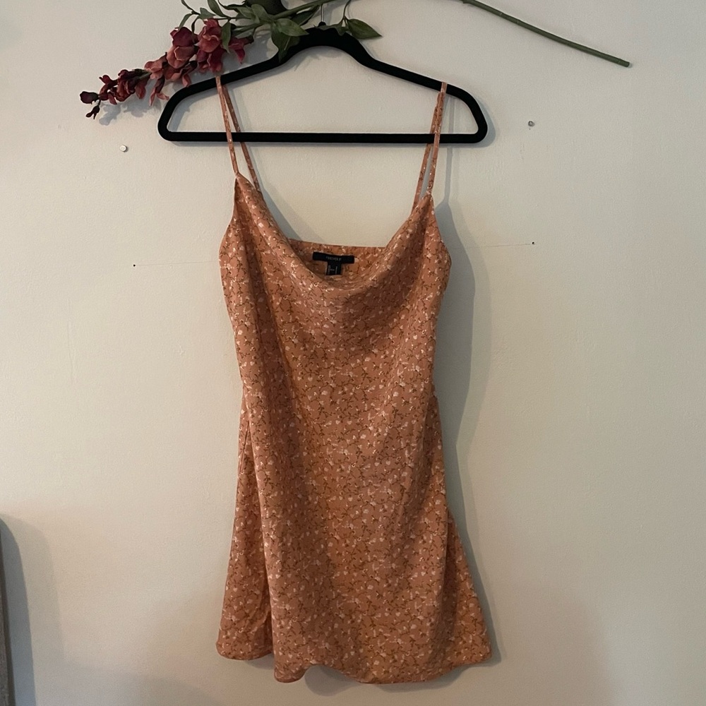 Forever 21 90’s Orange Floral Cowl Neck Mini Slip Dress Size Small